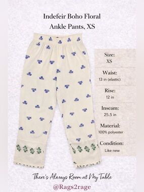 Indefeir Boho Floral Ankle Pants XS Elastic Waist Lightweight